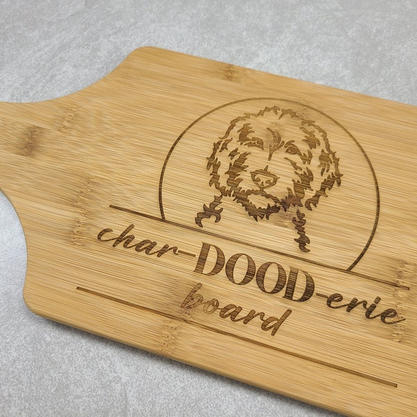 Char-DOOD-erie Board - Bamboo Paddle Shaped Serving Board - Goldendoodle - Labradoodle - Aussiedoodle - Bernedoodle - Dog Mom Gift