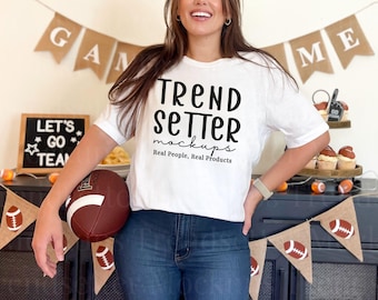 Bella Canvas 3001 White Mockup, BC3001 Football T-shirt, Real Person Model