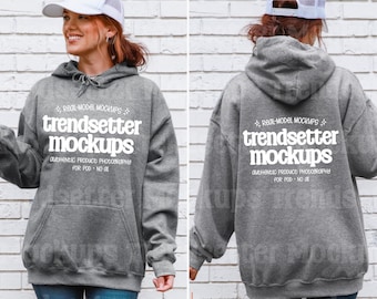 May include: A heather gray hooded sweatshirt featuring white text that reads "REAL-MODEL MOCKUPS trendsetter mockups AUTHENTIC PRODUCT PHOTOGRAPHY FOR POD - NO AI" on the front and back, with a drawstring hood and a front kangaroo pocket.