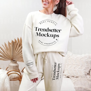 Comfort Colors 1466, 1469 Ivory Set Mockup | CC1469 Fleece Sweatpants | CC1466 Sleeve Design Mock-up | Real Person Model | Cozy Aesthetic