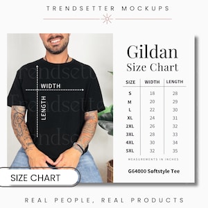 Herren Gildan 64000 Größentabelle, G64000 Größentabelle, Gildan Sizing Guide, Gildan 640 Black Mockup, Shop Infografik, Real Person Model