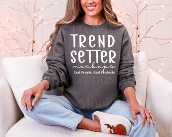 Gildan 18000 Charcoal Sweatshirt Christmas Mockup | G18000 Charcoal Grey Mock-up | Real Person Model | Neutral Holiday Aesthetic