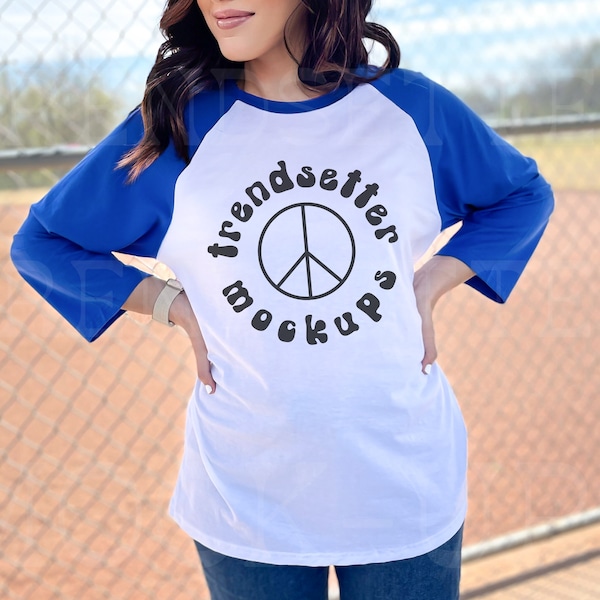 Bella Canvas 3200 Mockup, White True Royal Raglan Mock-up, B3200 3/4 Sleeve Baseball Tee, Free Size Chart