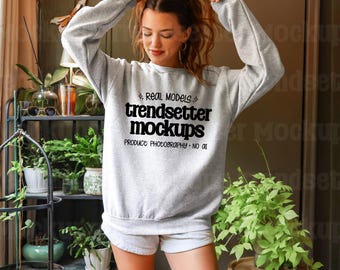 Gildan 18000 Ash Mockup, G18000 Crewneck Sweatshirt, Boho Lifestyle, Real Person Model