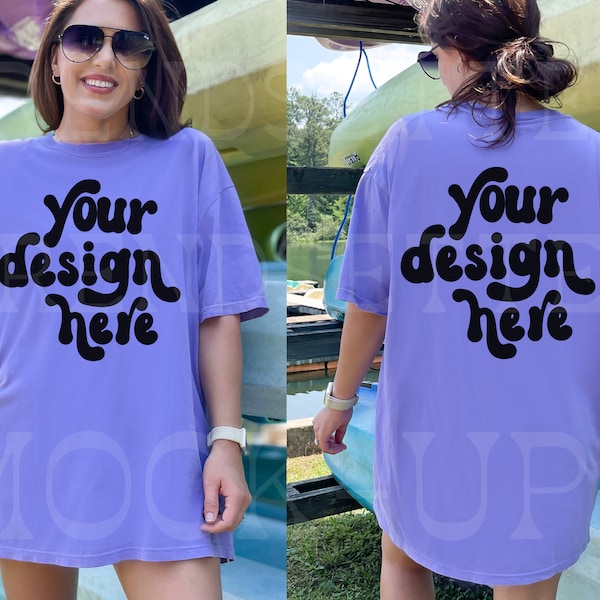 Comfort Colors 1717 Violet Mockup, Front and Back C1717 Oversized Shirt Mock-up, Summer Camp Aesthetic Purple Mockup, Free Size Chart