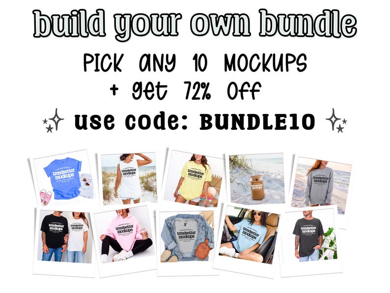 The image is a collage of various clothing items and accessories, including t-shirts, jeans, and jackets, along with a beach scene. The text on the image suggests that the items are part of a bundle offer, and there is a code "BUNDLE10" that can be used to access the bundle.