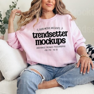 Gildan 18000 Light Pink Mockup, G18000 Crewneck Sweatshirt, Real Person Model