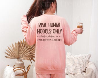 Comfort Colors 1466, 1469 Peachy Set Mockup | CC1469 Fleece Sweatpants | CC1466 Back of Sweatshirt Mock | Real Person Model | Cozy Aesthetic