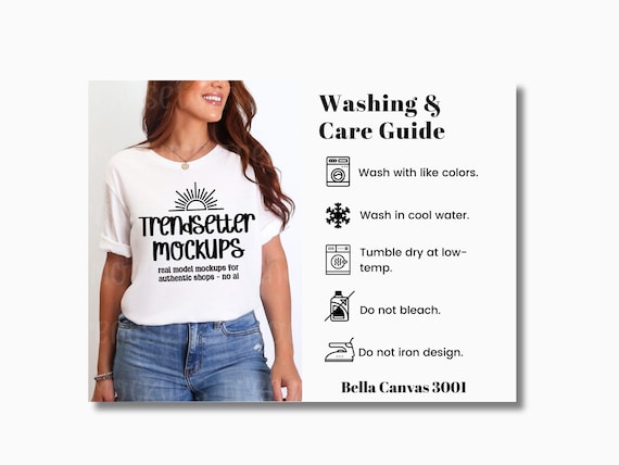 Bella Canvas 3001 Care Instructions, BC3001 Garment Washing Guide, Shirt Care Chart, BC3001 Mockup, POD Seller Tools, Real Person Model