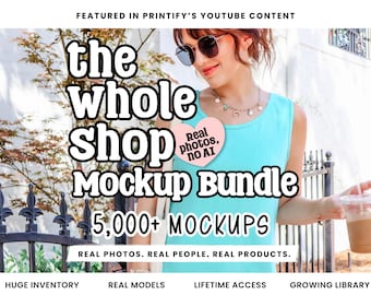 May include: A digital advertisement for a mockup bundle featuring the text: FEATURED IN PRINTIFY'S YOUTUBE CONTENT, the whole shop Mockup Bundle, 5,000+ MOCKUPS, Real photos, no AI, REAL PHOTOS. REAL PEOPLE. REAL PRODUCTS. HUGE INVENTORY, REAL MODELS, LIFETIME ACCESS, GROWING LIBRARY.