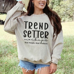 Gildan 18000 Sand Mockup, Western Cowgirl Crewneck Sweatshirt Mock-up, Trendy G18000 Pullover, Farmhouse Aesthetic Model, Real Person Model