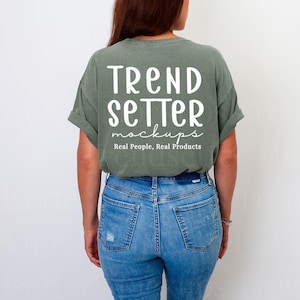 Comfort Colors 1717 Moss TShirt Mockup | CC1717 Moss Mock-up | Real Model | Back of Shirt | Trendy Minimalist Studio Aesthetic