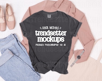 Comfort Colors 1717 Pepper Mockup, CC1717 T-Shirt, Casual Office Flat Lay