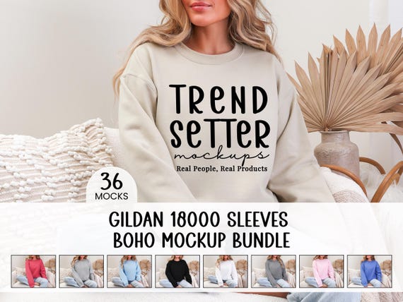 Gildan 18000 Sleeve Mockup Bundle: Boho Sweatshirt Collection (Digital Download)