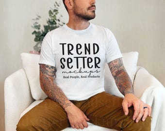 Bella Canvas 3001 White Mockup, BC3001 Mens Mock-Up, Masculine Model, Blank Tshirt Mock for POD Shops, Real Person Model