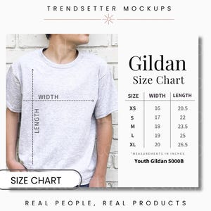 Gildan 5000B Jugend Größentabelle, Unisex Gildan G5000B Größentabelle, Gildan Shirt Kinder Größentabelle, Gildan 5000B Mockup
