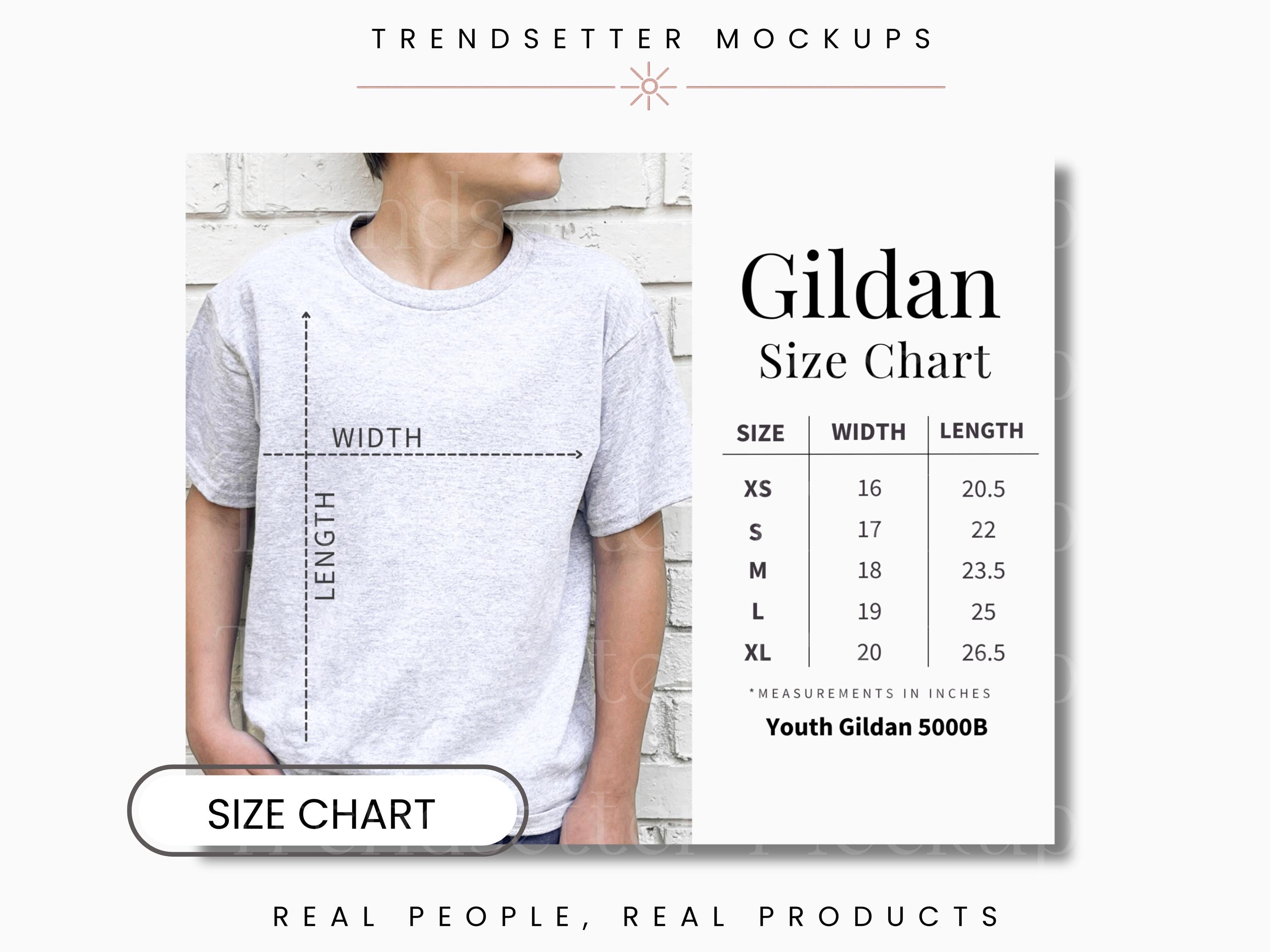 Gildan 5000B Youth Size Chart, Unisex Gildan G5000B Size Chart, Gildan Shirt Kids Size Chart, Gildan 5000B Mockup