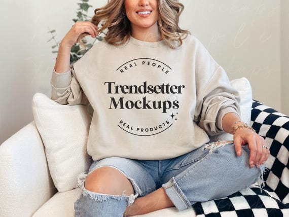 Jerzees 562MR Sandstone Mockup Crewneck Sweatshirt Sleeve Mock up Trendy Minimalist Checkered J562MR Pullover Real Person Model Etsy