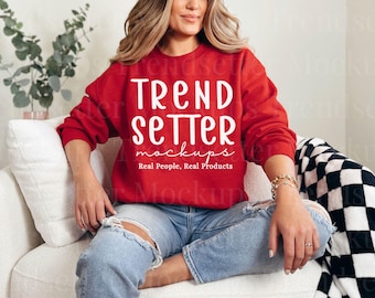 G18000 Red Sweatshirt Mockup | Gildan G180 Red Sweater | G18000 Crewneck Sweatshirt Mock-up | Real Model | Print On Demand