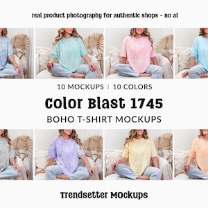 Puede incluir: Imagen promocional que muestra diez maquetas de camisetas Boho en varios colores. La imagen presenta a mujeres que visten las camisetas en tonos como azul, verde, rosa y amarillo. El texto en la imagen dice "Color Blast 1745" y "Trendsetter Mockups."
