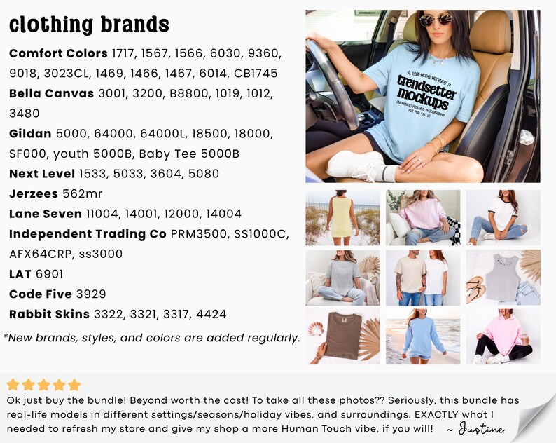 May include: A light blue t-shirt with the text "trendsetter mockups" is worn by a person in a car. The image also shows a variety of clothing items, including t-shirts and dresses, in different colors and styles. The text "clothing brands" is visible.