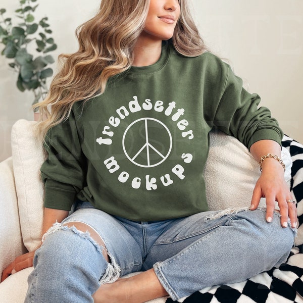 Gildan 18000 Military Green Mockup, G18000 Crewneck Sweatshirt Boho Mock-up, Trendy Minimalist Green Pullover, Free Unisex Size Chart