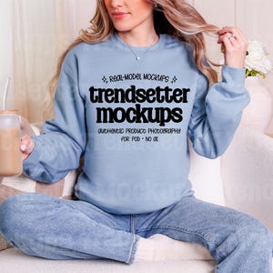Gildan SF000 Stone Blue Mockup, Softstyle Sweatshirt, Real Person Model