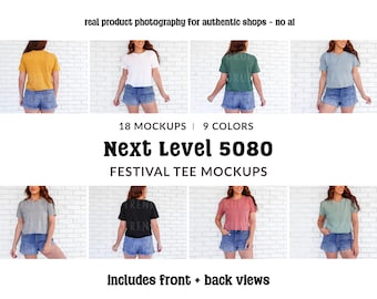 May include: A product mockup featuring nine different colored t-shirts, each worn by a person in denim shorts. The text "Next Level 5080" and "FESTIVAL TEE MOCKUPS" is displayed. The image also includes the text "includes front + back views".
