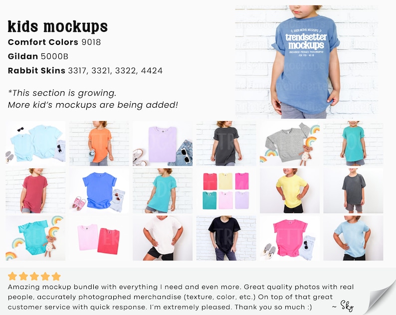 May include: A collection of kids' t-shirt mockups in various colors, including blue, pink, and yellow. The image features a child wearing a blue t-shirt with the text "trendsetter mockups". The mockups are from Comfort Colors, Gildan, and Rabbit Skins.
