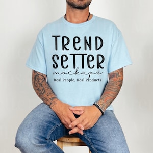 Gildan 5000 Light Blue Mens Mockup, G5000 Masculine Mock-up, Oversized Tee Shirt Mockup, Trendy Simple Neutral Mock, Real Human Male Model