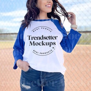 Bella Canvas 3200 Mockup, White True Royal Raglan Mock-up, B3200 3/4 Sleeve Baseball Tee, Real Person