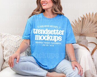 Gildan 64000 Heather Sapphire T-Shirt Mockup, Boho G64000 Mock, Real Model
