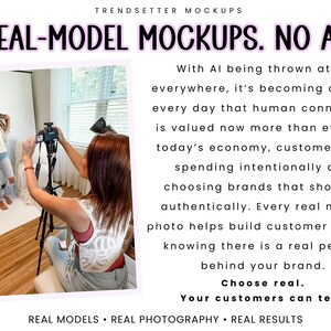 The image is a collage of two photos. In the first photo, a woman is posing for a photo shoot, while in the second photo, another woman is taking a photo of the same woman. The text above the collage reads "TRENDSETTER MOCKUPS" and "REAL-MODEL MOCKUPS. NO AI."