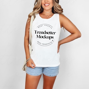 Comfort Colors 9360 White Tank Mockup, CC9360 Tank Top Mock-up, Minimalist Sleeveless Shirt, Real Person Model, High Quality