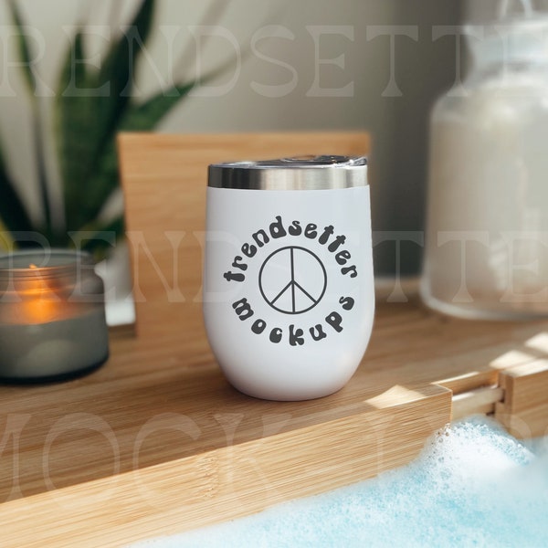 Stainless Steel Wine Tumbler Mockup, 12oz White Chill Cup, Stemless Mug, Retro Holiday Aesthetic, High Quality PNG Download, Matte White Cup
