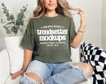 Comfort Colors 1717 Sage T-Shirt Mockup, Trendy CC1717 Oversized Tee Shirt, Real Person Model