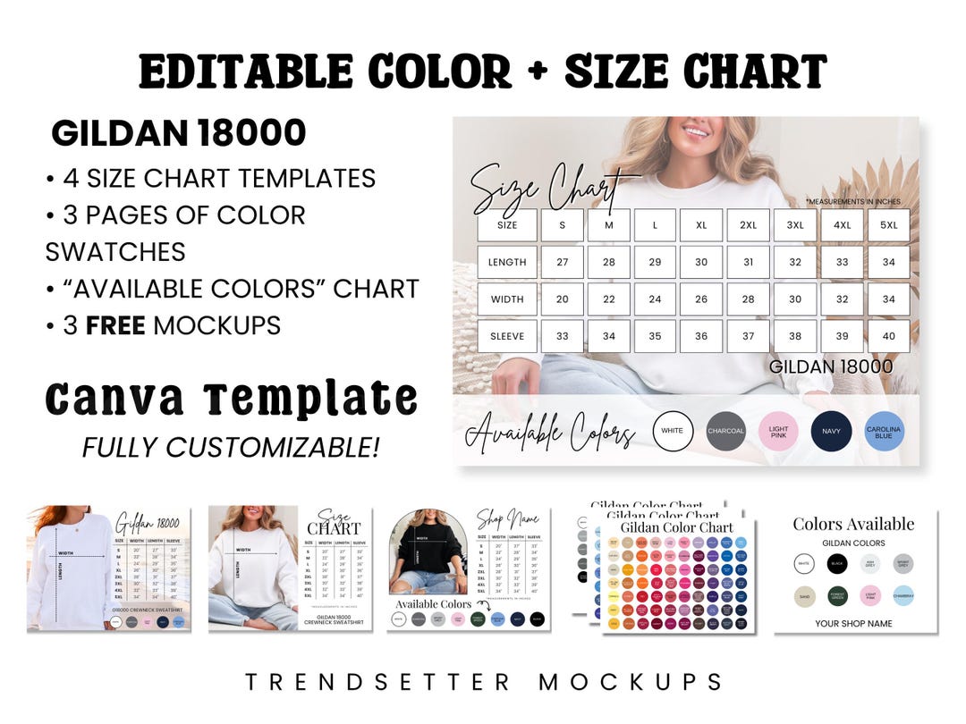 Editable Gildan 18000 Canva Template, Size and Color Chart for G18000 ...