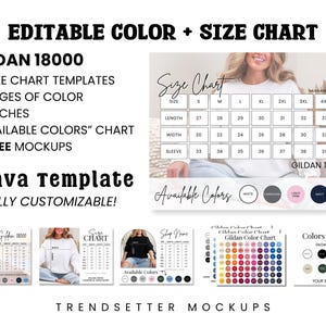 May include: A digital mockup template with size charts and color swatches for Gildan 18000 apparel. The image includes a size chart with measurements in inches, color options, and the text "Editable Color + Size Chart" and "Canva Template".