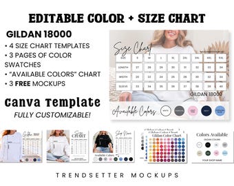 Puede incluir: Plantilla de maqueta digital con tablas de tallas y muestras de color para ropa Gildan 18000. La tabla de tallas muestra medidas en pulgadas. La imagen incluye el texto "Editable Color + Size Chart" y "Canva Template", así como opciones de color.