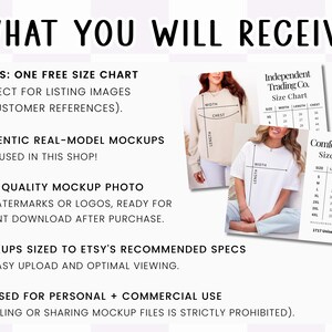a size chart for a clothing item, which includes a free size chart, authentic real-model mockups, a high-quality mockup photo, and sizes based on ETSY's recommended specs. The chart is designed for listing images or customer references, and it is not used in this shop. The image also mentions that the mockups are sized to ETSY's recommended specs for easy upload and optimal viewing. The image is for personal and commercial use, and it is not intended for resale or sharing with others.