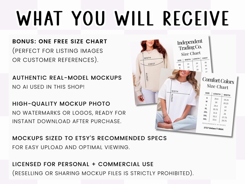 a size chart for a clothing item, which includes a free size chart, authentic real-model mockups, a high-quality mockup photo, and sizes based on ETSY's recommended specs. The chart is designed for listing images or customer references, and it is not used in this shop. The image also mentions that the mockups are sized to ETSY's recommended specs for easy upload and optimal viewing. The image is for personal and commercial use, and it is not intended for resale or sharing with others.