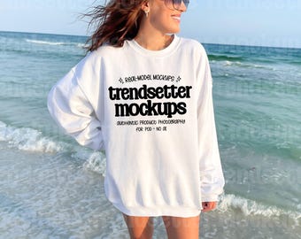 Gildan 18000 White Mockup, G18000 Crewneck Sweatshirt, Beach Lifestyle