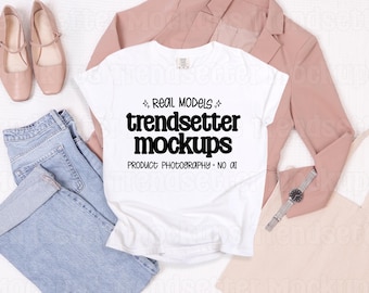Comfort Colors 1717 White Mockup, CC1717 T-Shirt, Casual Office Flat Lay