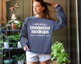 Gildan 18000 Heather Sport Dark Navy Mockup, G18000 Crewneck Sweatshirt, Boho Lifestyle, Real Person Model