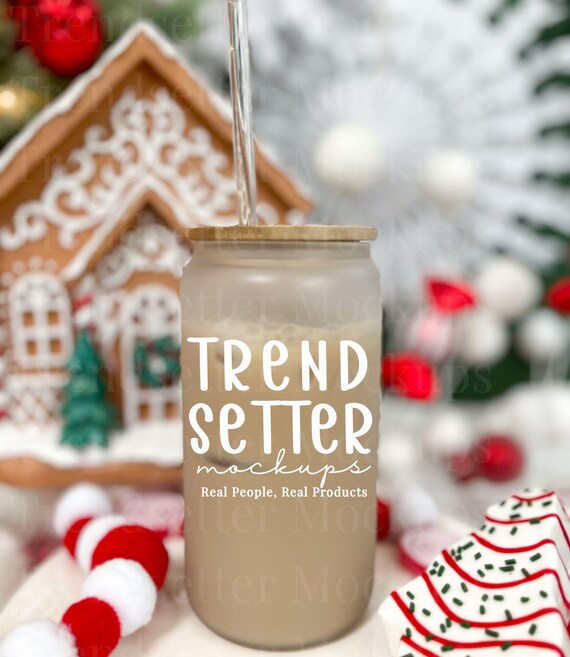 16oz Libbey Frosted Glass Can Mockup, Christmas Glass Beer Can Mock-up, Cute Holiday Season Iced Coffee Drinkware Mock, Real Product