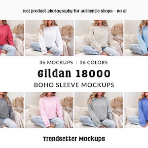 Gildan 18000 Sleeve Mockup Bundle: Boho G18000 Sweatshirt Mocks, Real Model image 1