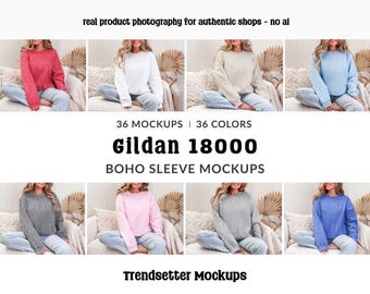 Gildan 18000 Sleeve Mockup Bundle: Boho G18000 Sweatshirt Mocks, Real Model