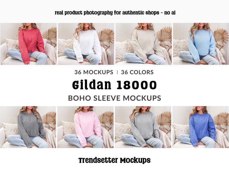 Gildan 18000 Sleeve Mockup Bundle: Boho G18000 Sweatshirt Mocks, Real Model image 1