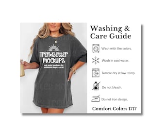May include: A woman wearing a dark gray Comfort Colors 1717 t-shirt dress. The shirt has the text "Trendsetter Mockups" and a washing and care guide. The guide includes instructions to wash with like colors, wash in cool water, tumble dry at low-temp, do not bleach, and do not iron design.