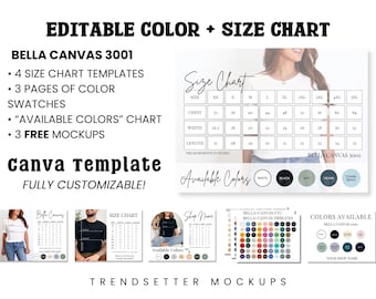 Editable Bella Canvas 3001 Color & Size Chart (Canva Template)